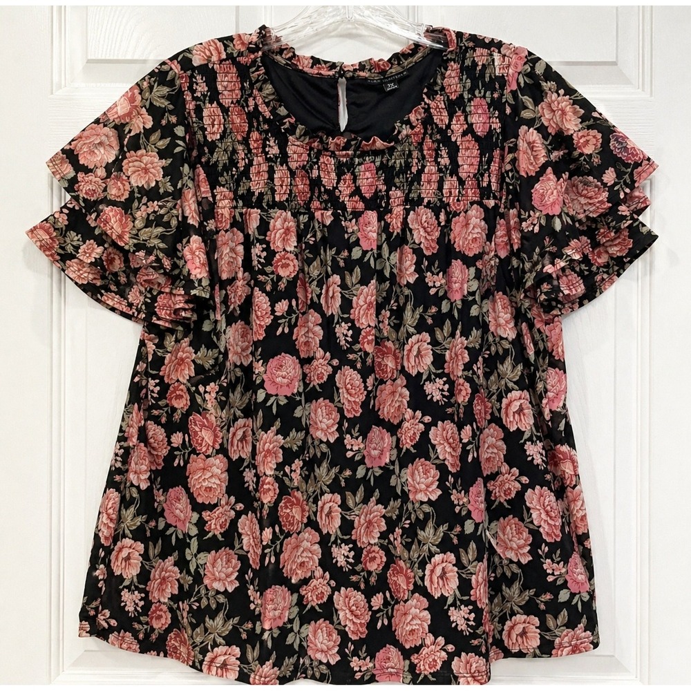 Sara Michelle 2X Floral Print Ruffle Trim Flowy Dressy‎ Back Short Sleeve Top
